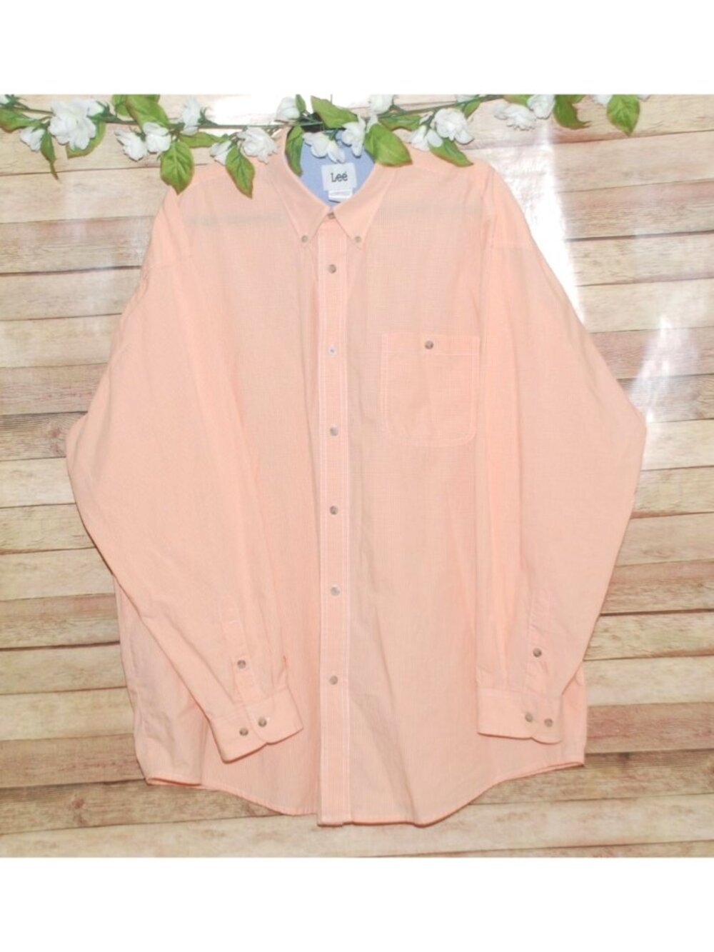 Lee Mens Orange Peach Shirt Size XXL Long Sleeve Button Down Micro Check Pocket